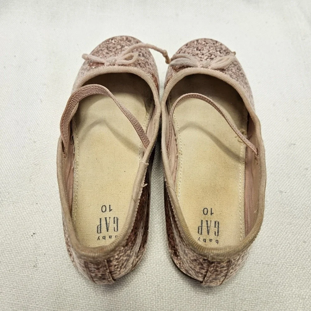 Gap Ballet Flats Girls Size‎ 10 Rose Gold Glitter Bow Elastic Strap Dressy Shoes